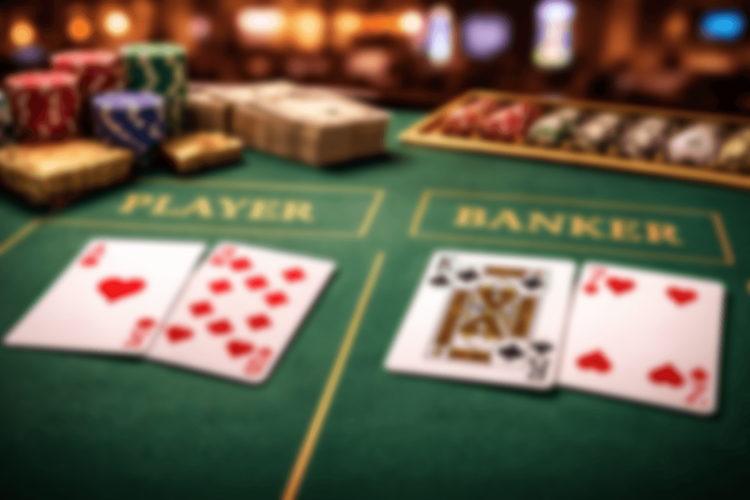 Baccarat cards and chips on a green table