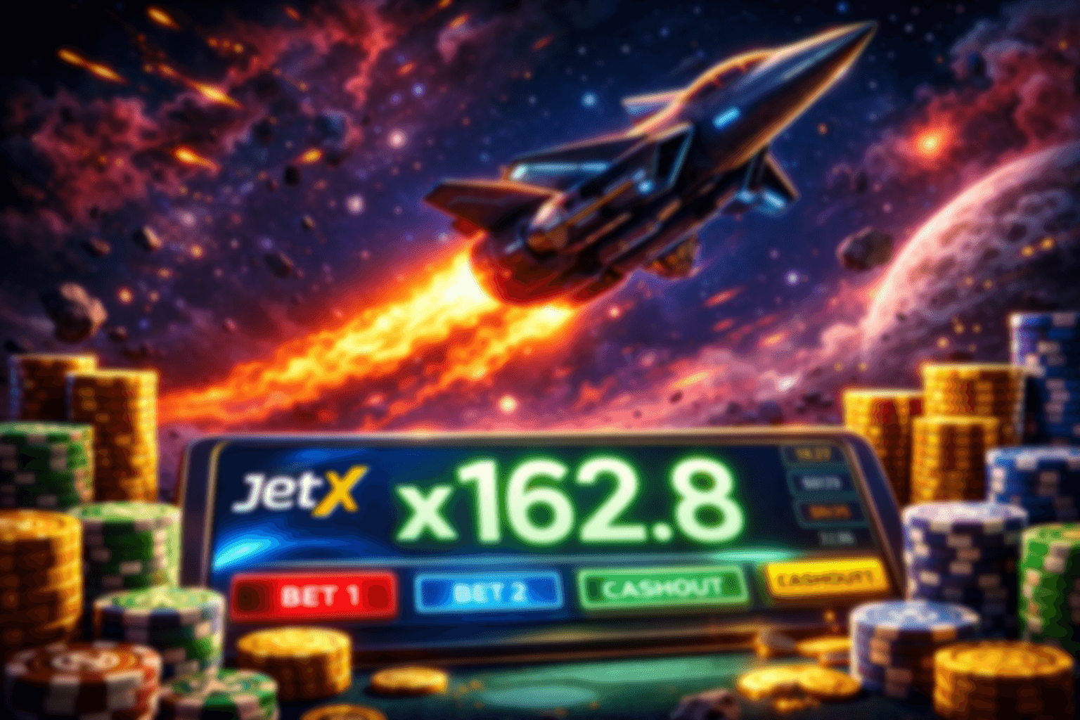 JetX crash game interface with space theme