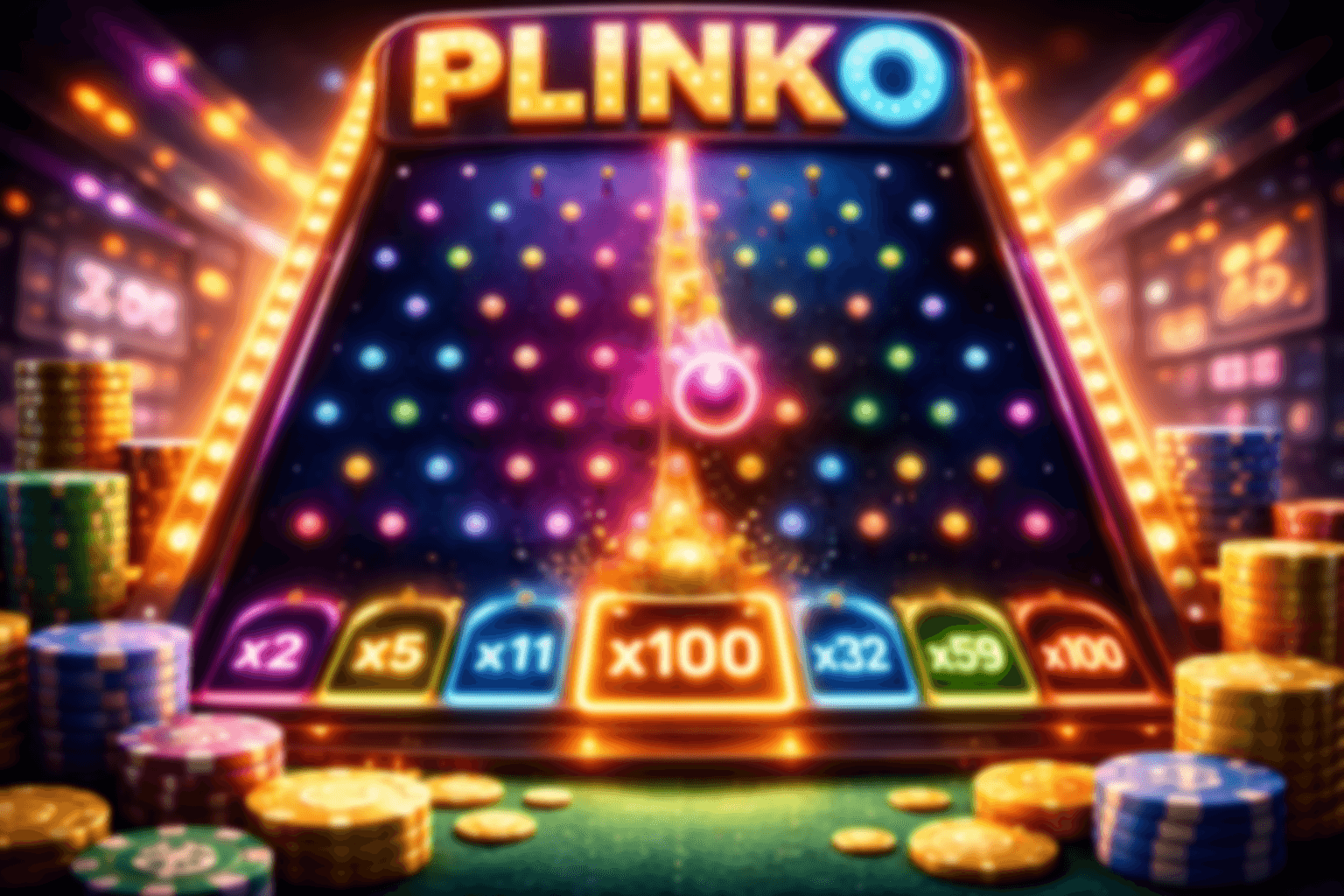 Plinko board with pegs and multipliers