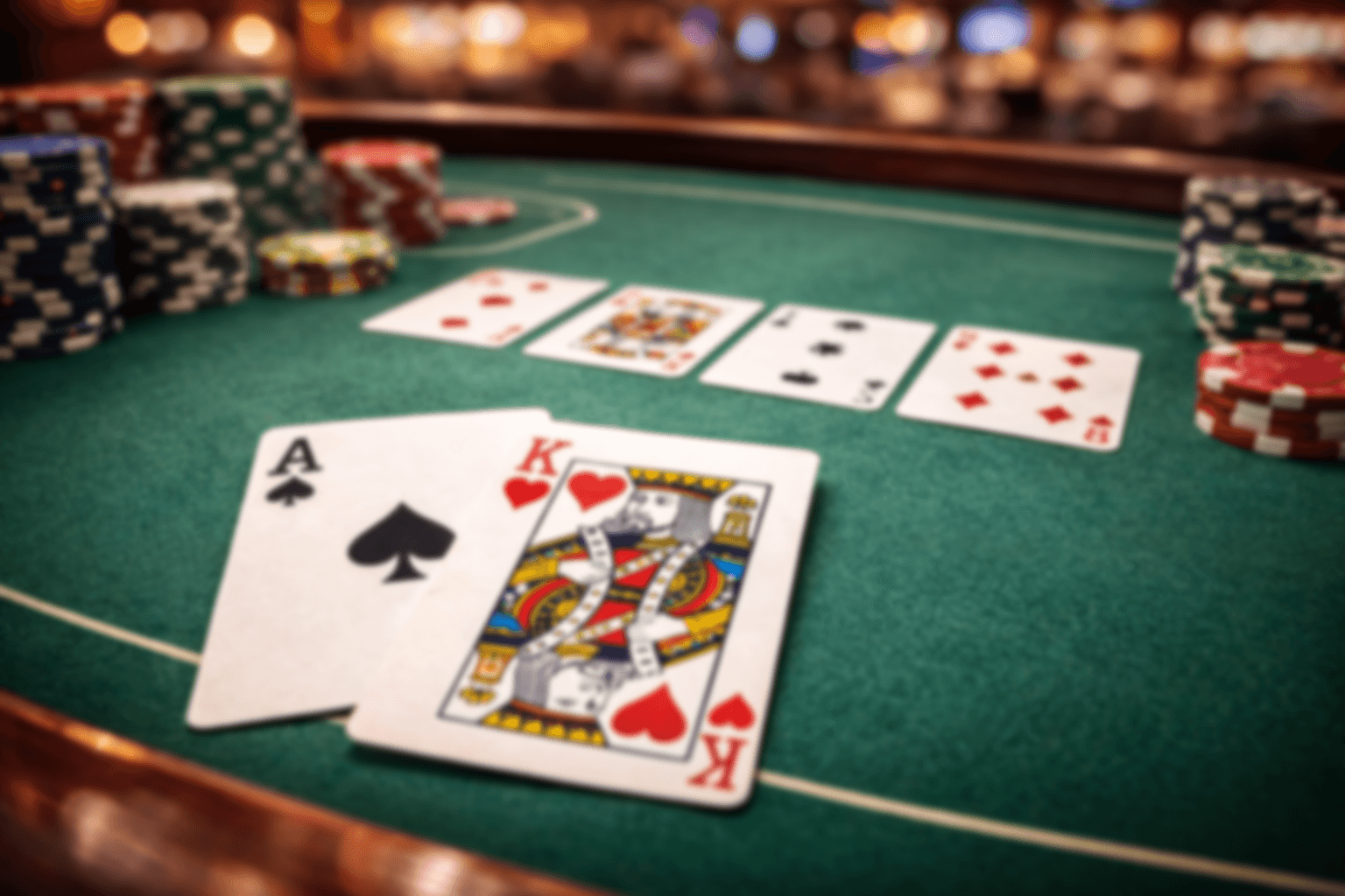 Texas Hold'em poker table with cards and chips