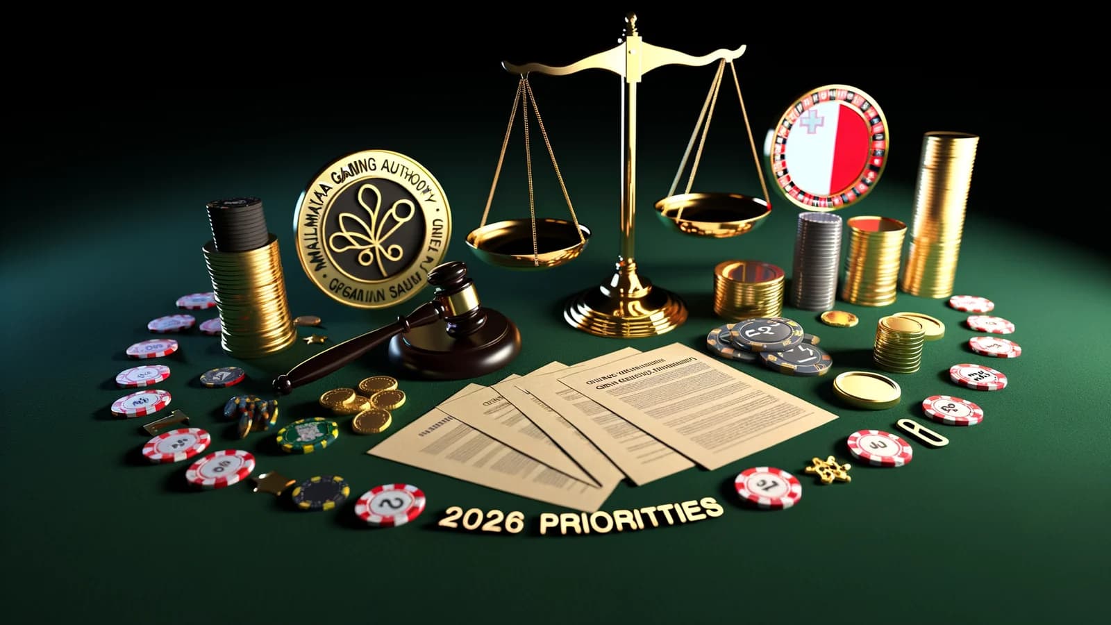 Editorial illustration: Malta Gaming Authority Sets 2026 Priorities on Crypto and Match-Fixing Controls
